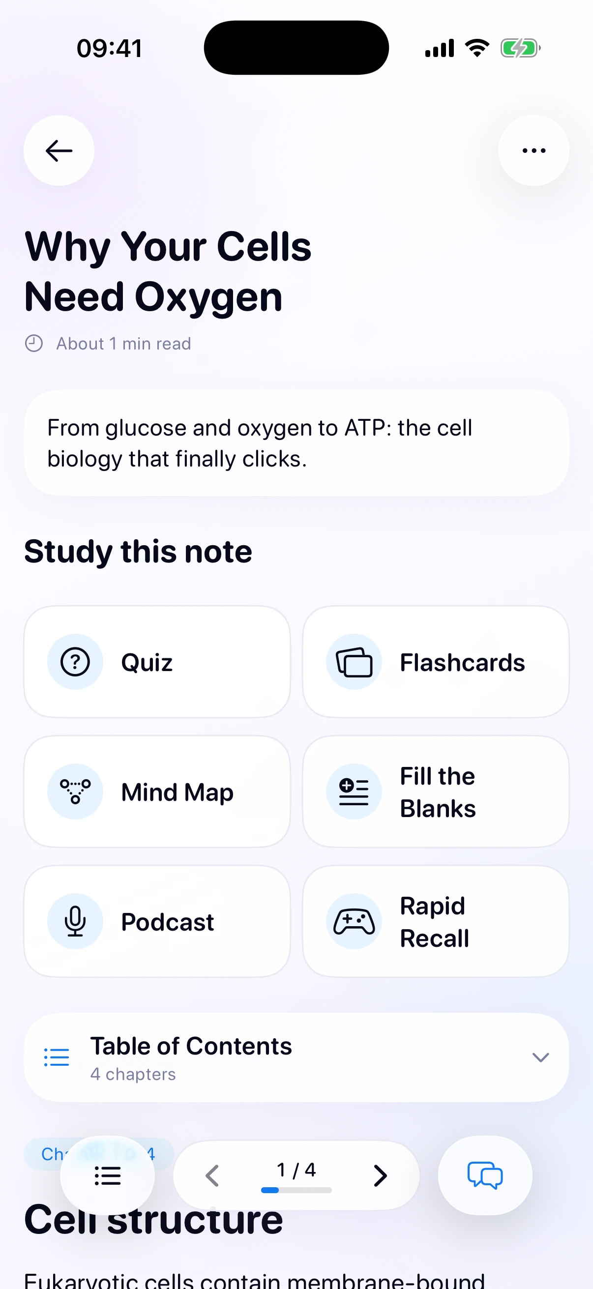 A biology study note with chapters, quizzes, flashcards, mind maps, and more